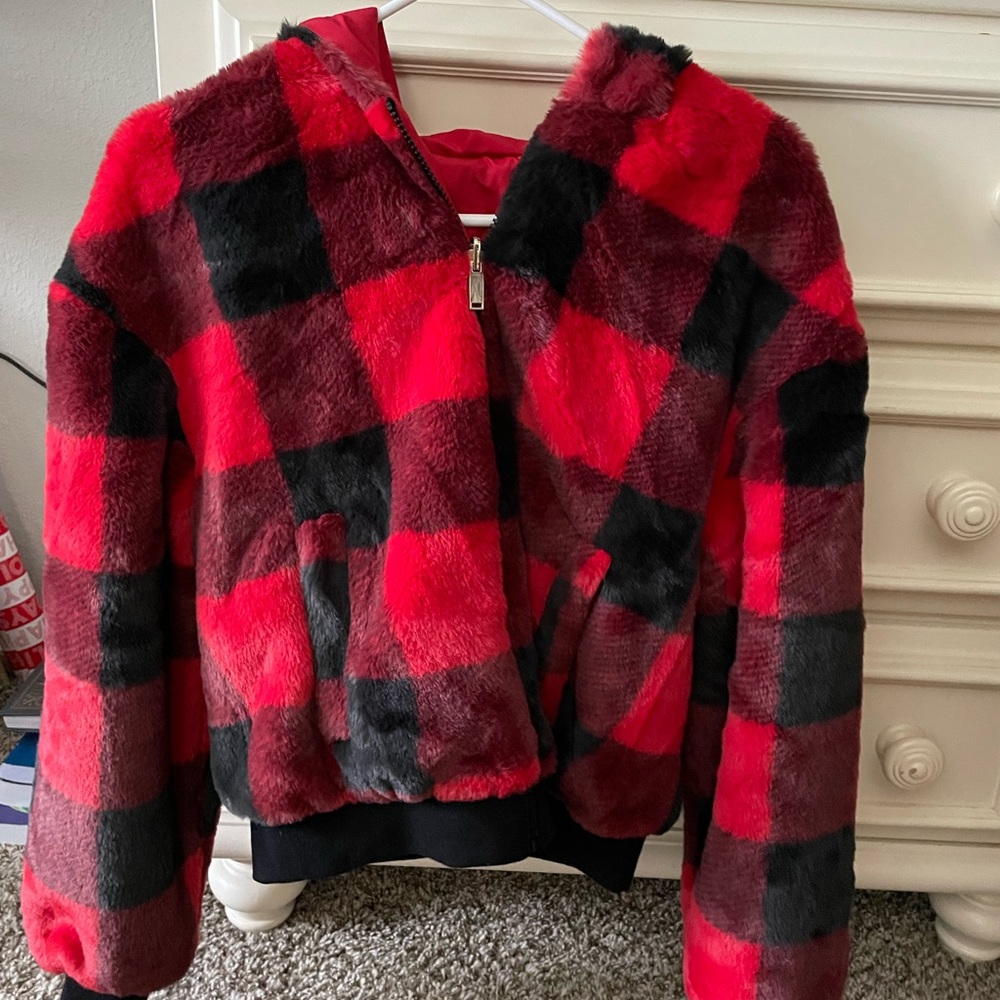 Buffalo Plaid Reversible Hooded Faux-Fur Jacket